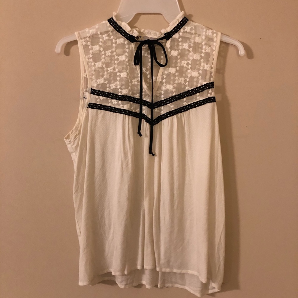 Jolt White Tie Neck Top With Black Detail